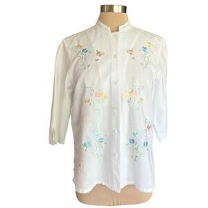 ERIKA White Linen Cotton Button Front Top MED Floral Embroidery‎ Cottage Coastal